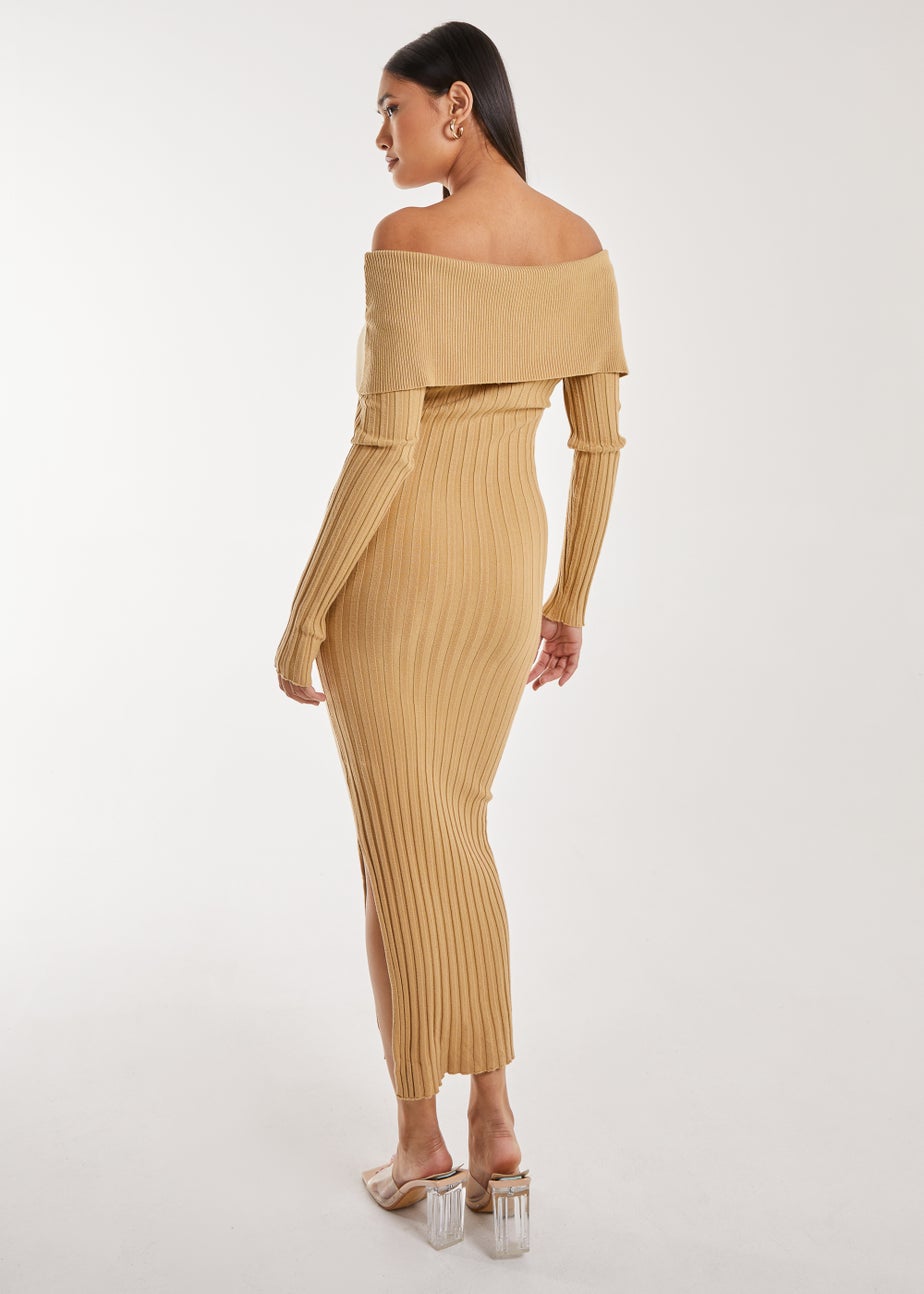 Pink Vanilla Camel Bardot Ribbed Knit Midi Dress