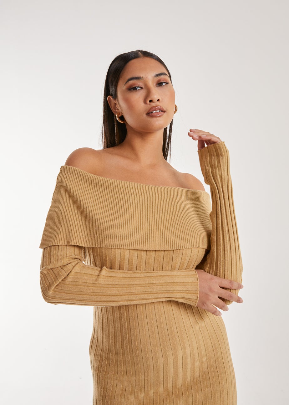Pink Vanilla Camel Bardot Ribbed Knit Midi Dress