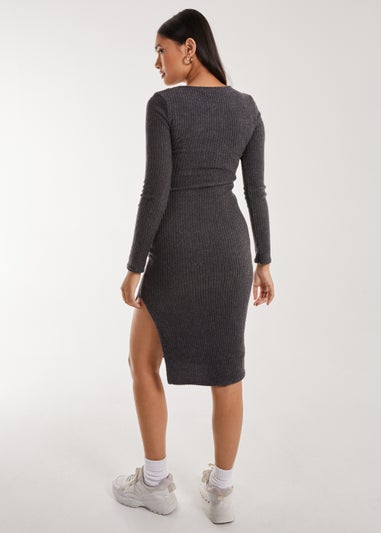 Pink Vanilla Charcoal Soft Brushed Rib Long Sleeve Midi Dress