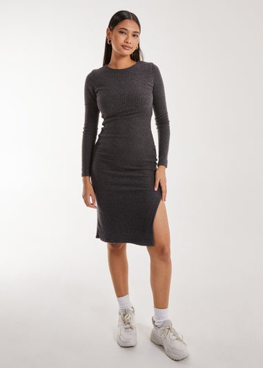 Pink Vanilla Charcoal Soft Brushed Rib Long Sleeve Midi Dress