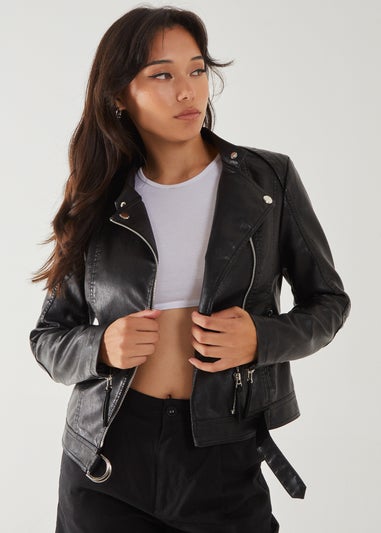 Pink Vanilla Black Faux PU Leather Biker Jacket