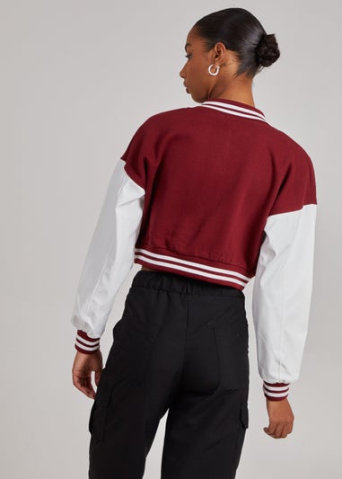 Pink Vanilla Burgundy Contrast Sleeve Baseball Jacket