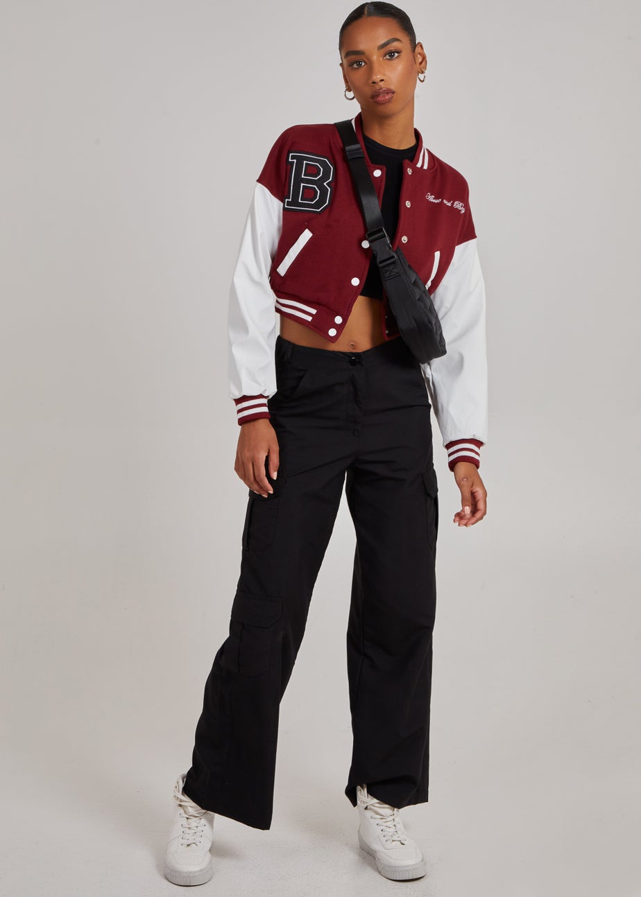 Pink Vanilla Burgundy Contrast Sleeve Baseball Jacket