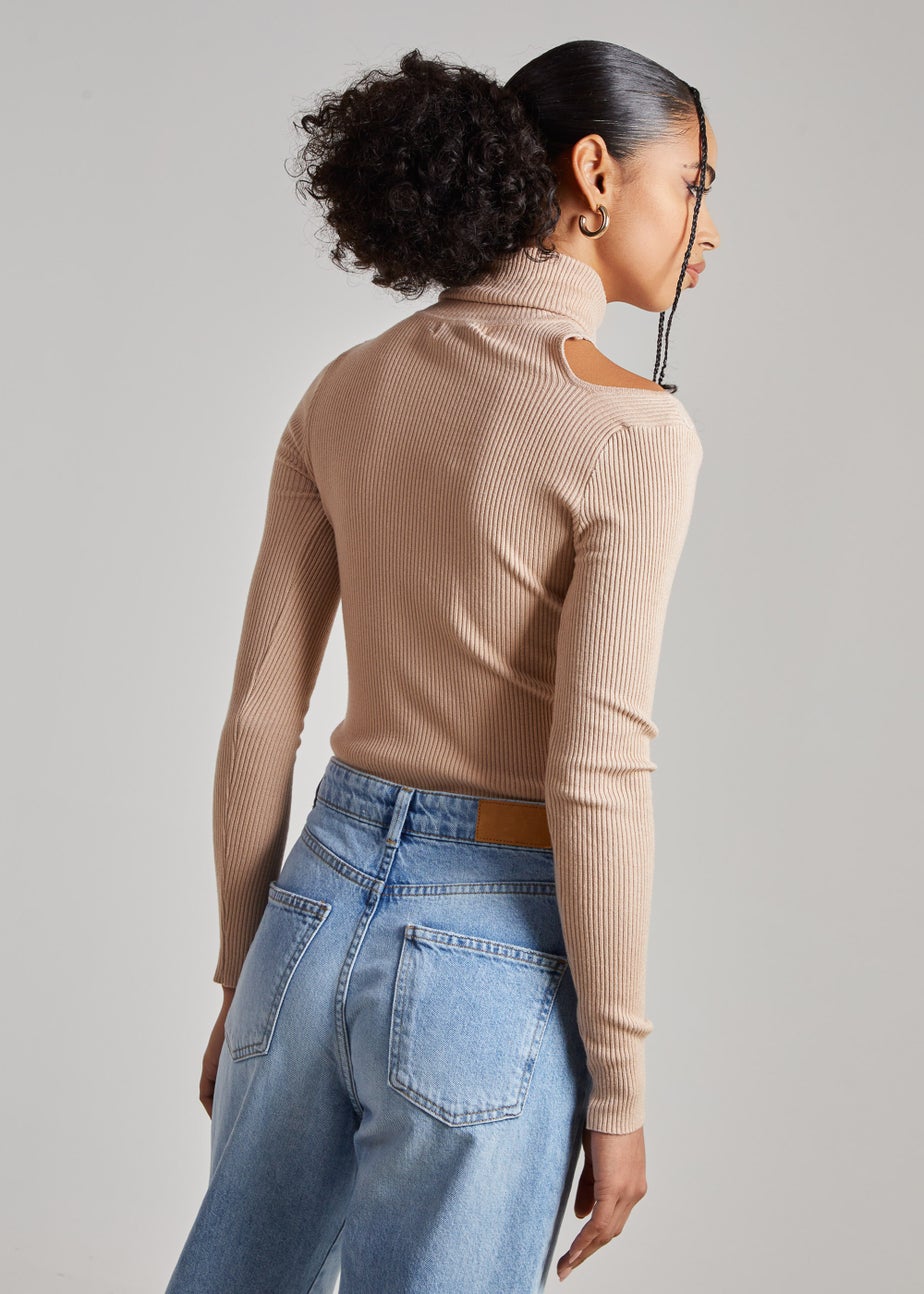 Pink Vanilla Camel Knit Cut Out Turtle Neck Top