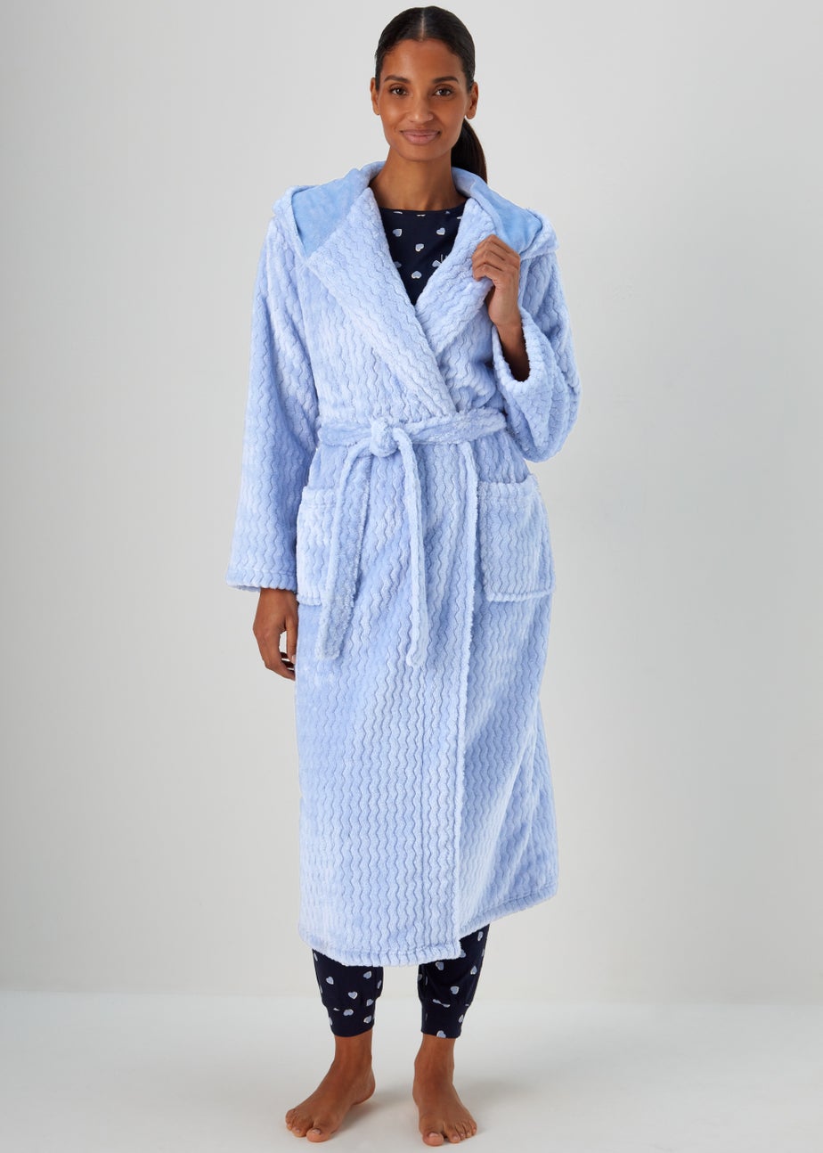 Blue Zig Zag Print Hooded Dressing Gown