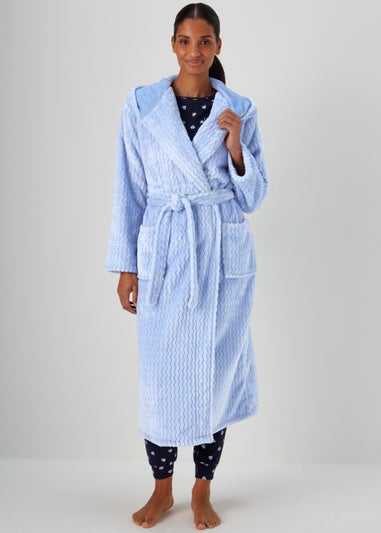 Blue Zig Zag Print Hooded Dressing Gown