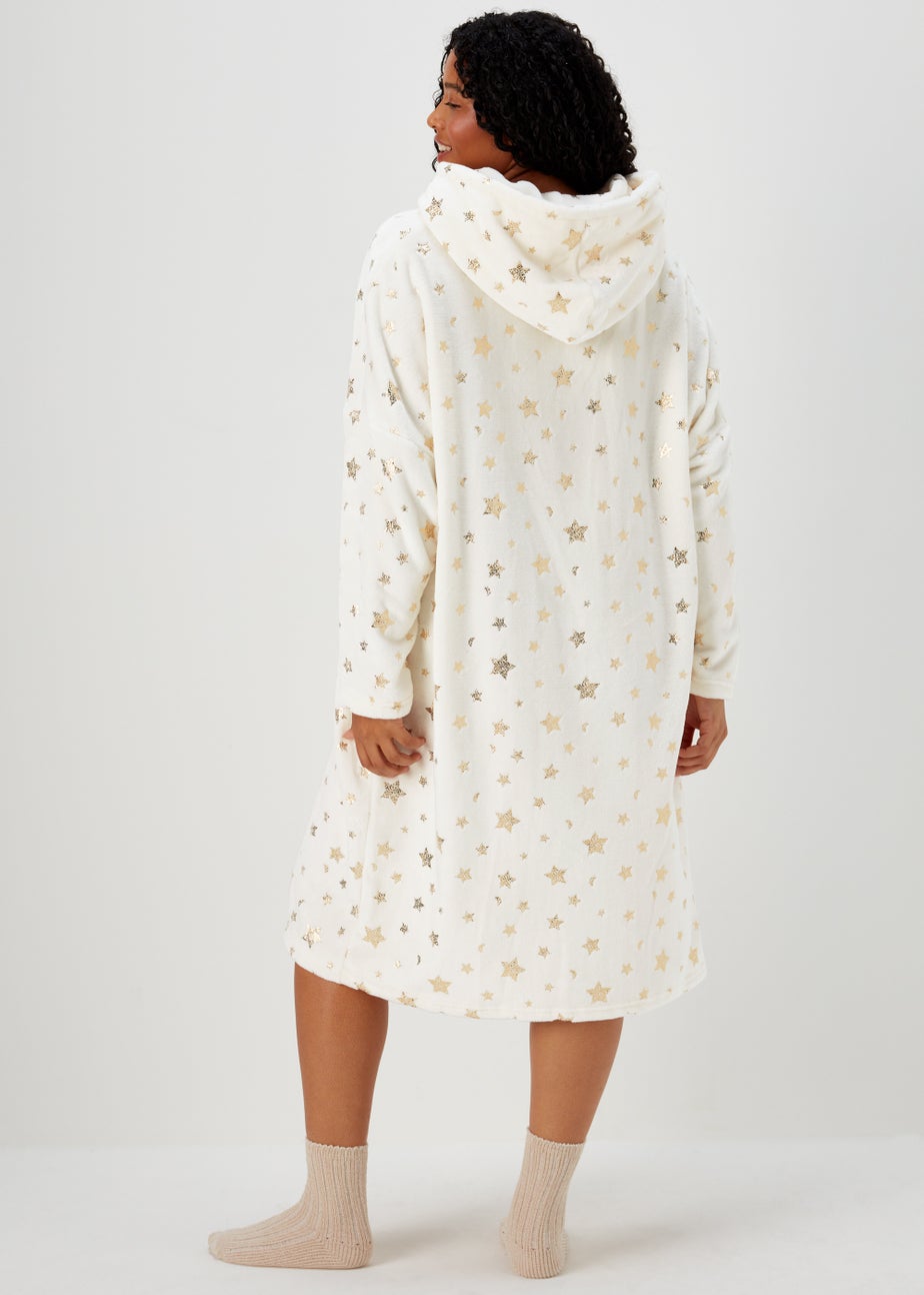 Cream Star Print Longline Snuggle Hoodie