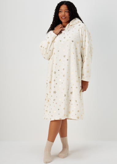 Cream Star Print Longline Snuggle Hoodie