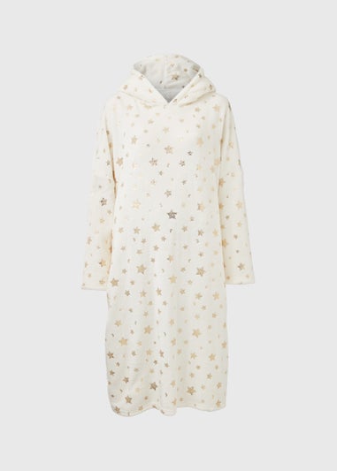 Cream Star Print Longline Snuggle Hoodie