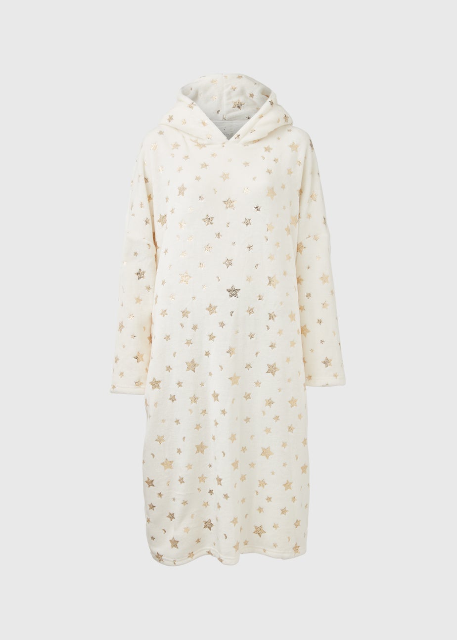 Cream Star Print Longline Snuggle Hoodie