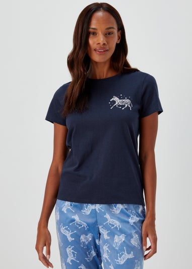 Navy Zebra Print Short Sleeve Pyjama Top