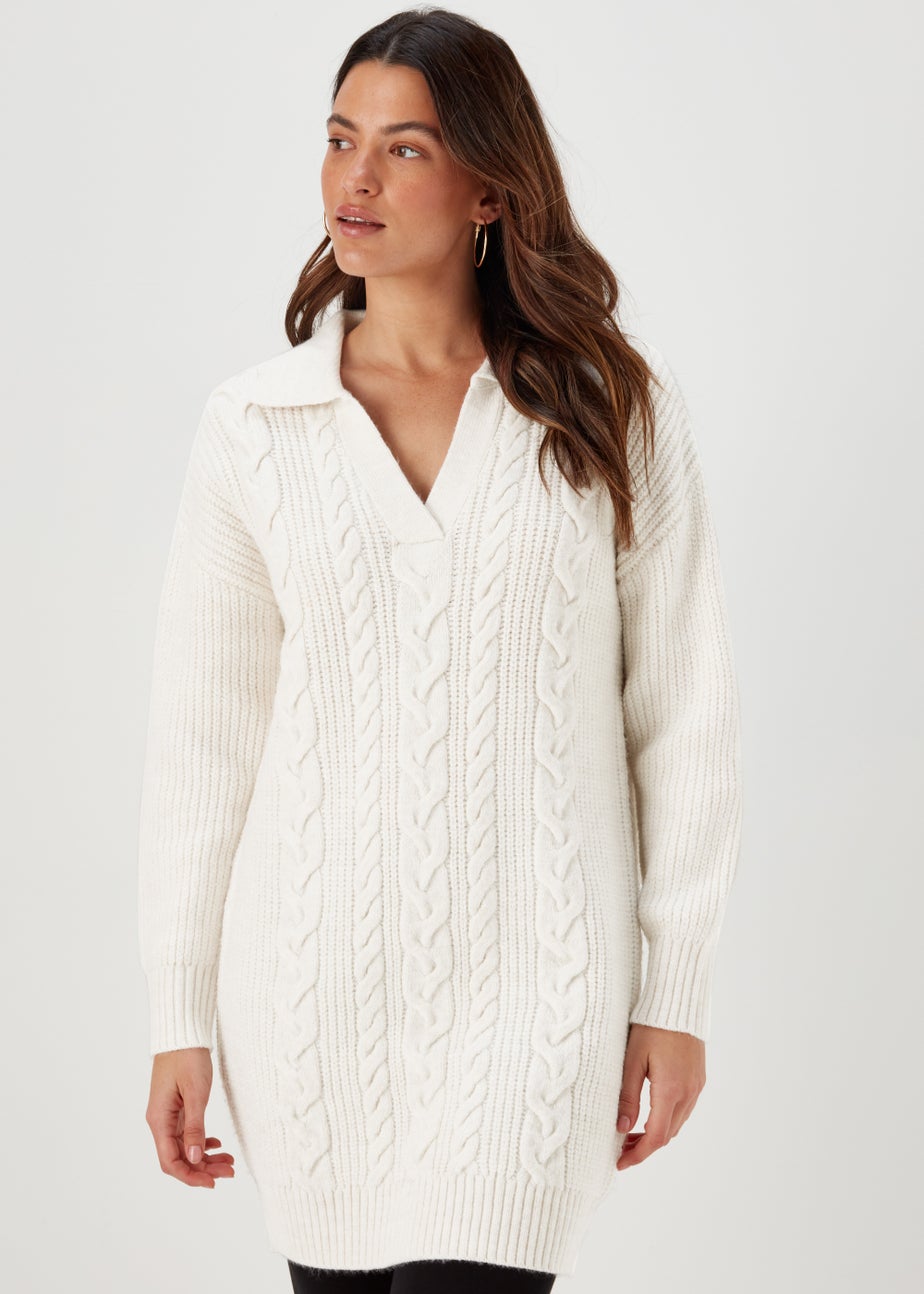 Ivory Open Collar Cable Knit Dress