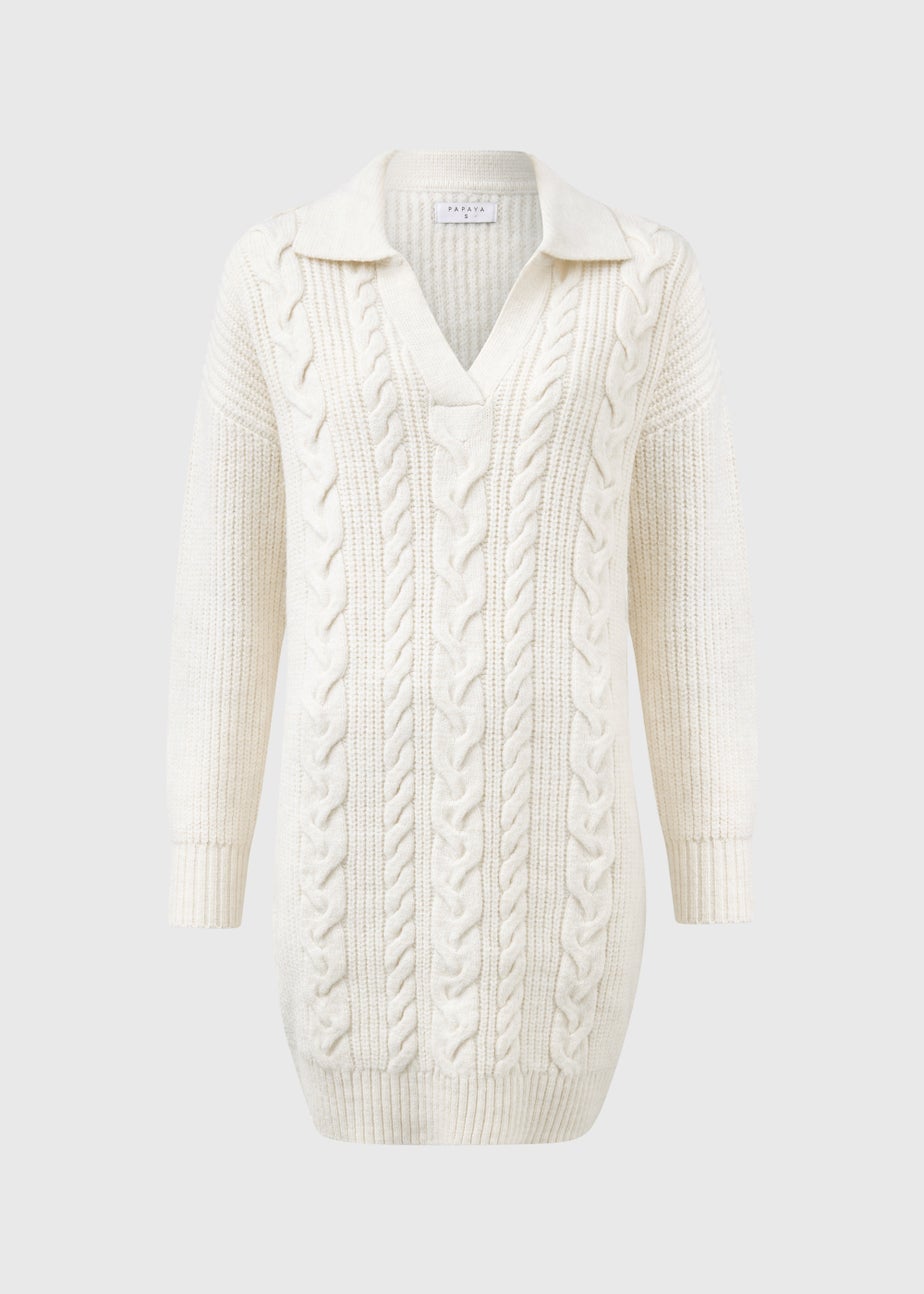Ivory Open Collar Cable Knit Dress