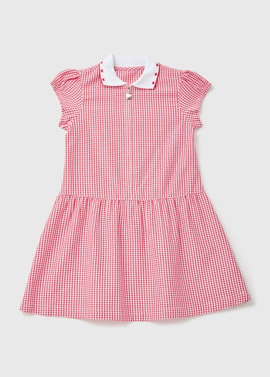 Girls Red Gingham Knit Collar School Dress (3-14yrs)