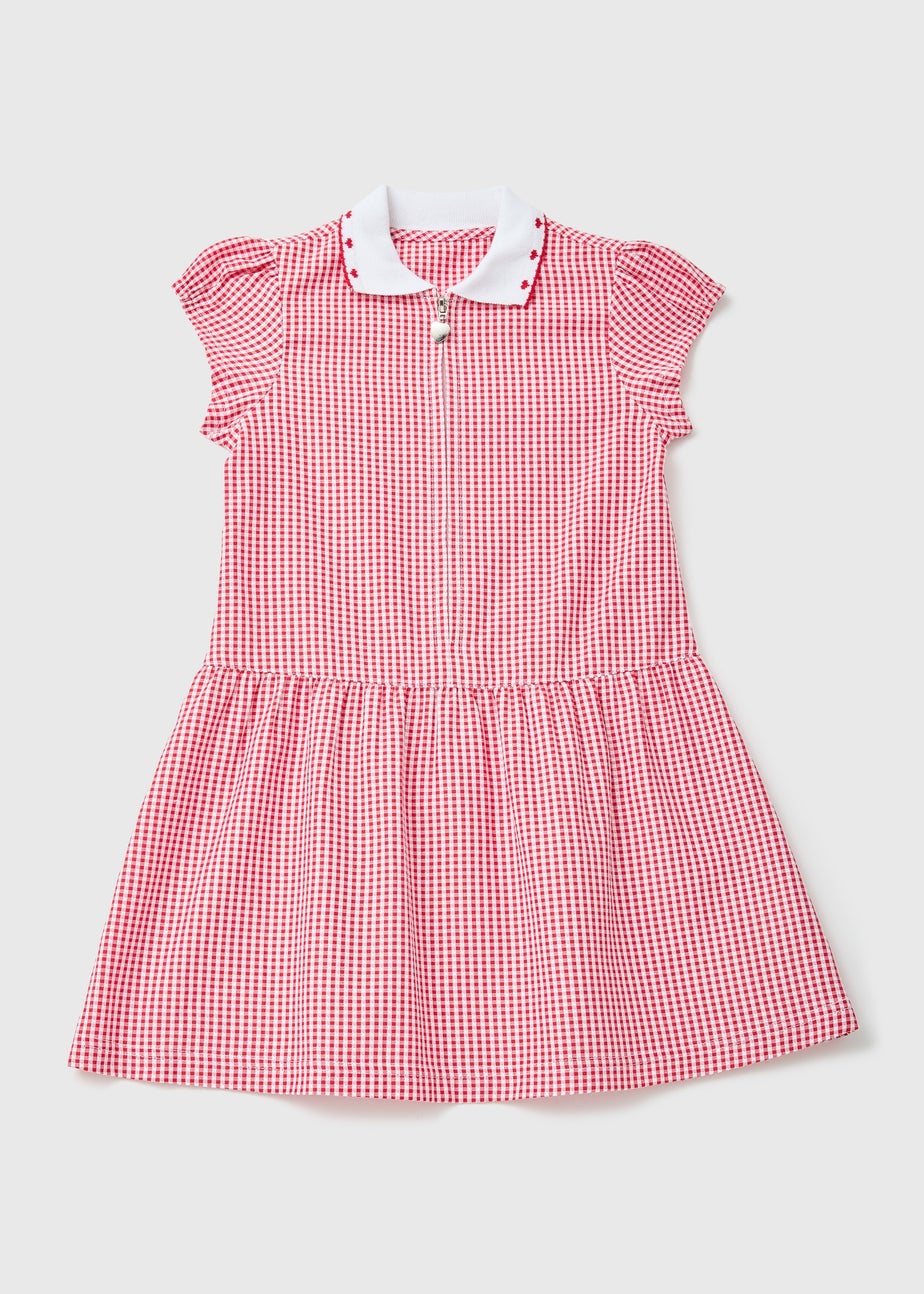Girls Red Gingham Knit Collar School Dress (3-14yrs)