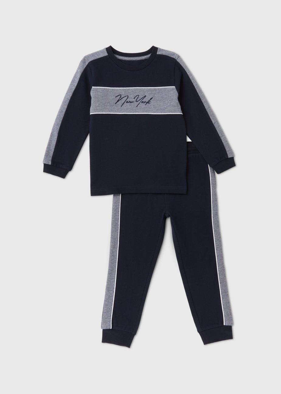 Boys Navy New York Print Pique Sweatshirt & Joggers Set (1-6yrs)