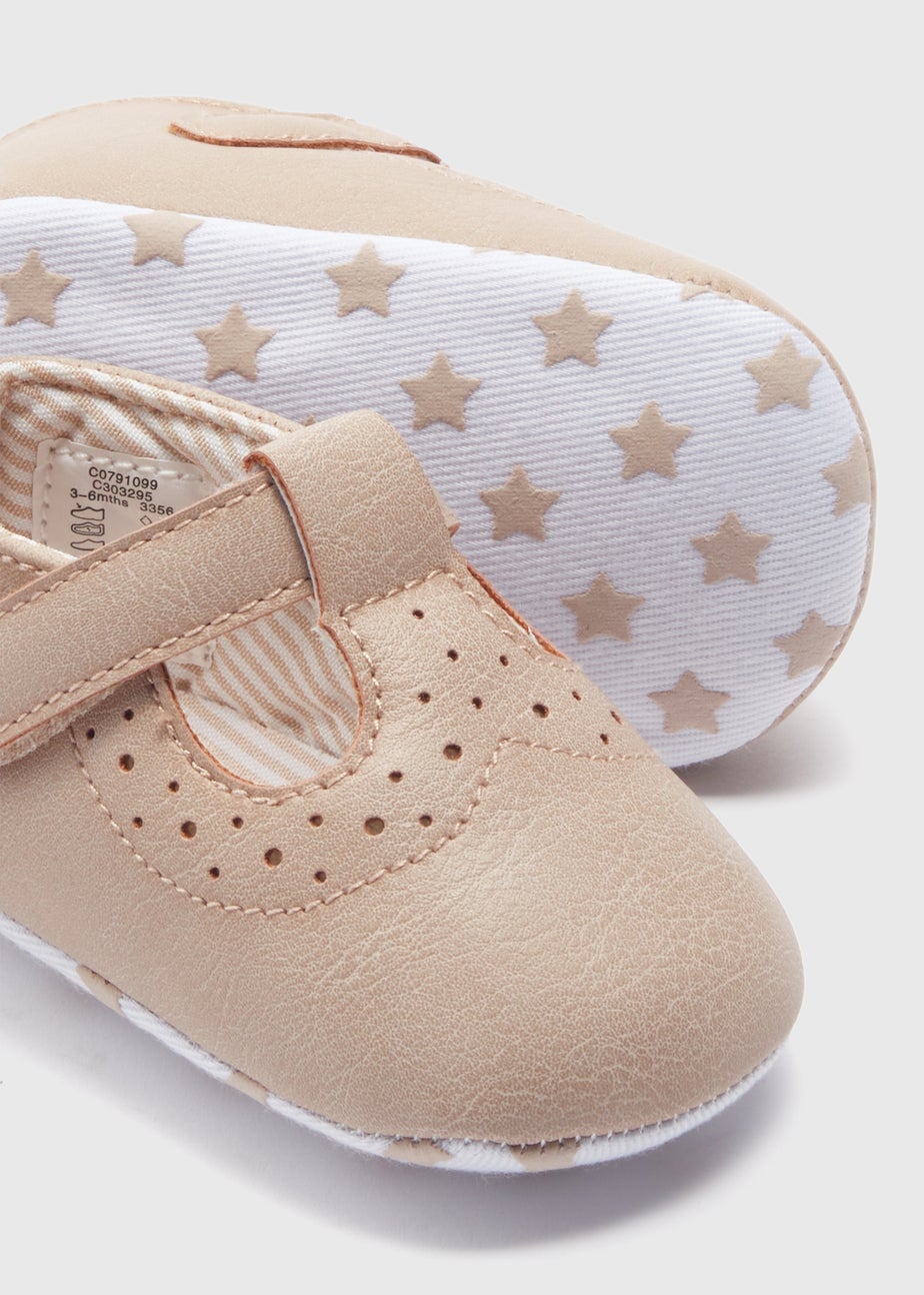 Baby Taupe Brogue T Bar Soft Sole Shoes (Newborn-18mths)