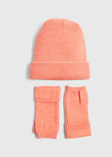 Peach Ribbed Beanie & Fingerless Gloves Set