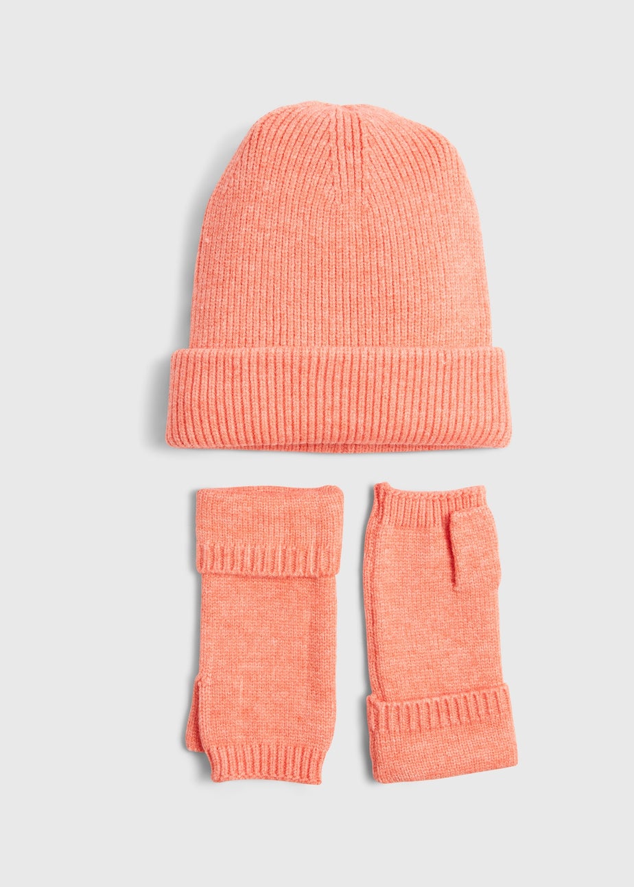 Peach Ribbed Beanie & Fingerless Gloves Set