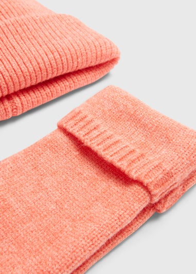 Peach Ribbed Beanie & Fingerless Gloves Set
