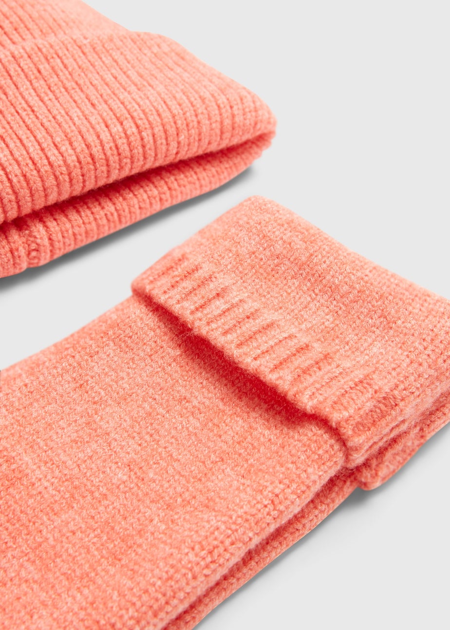 Peach Ribbed Beanie & Fingerless Gloves Set