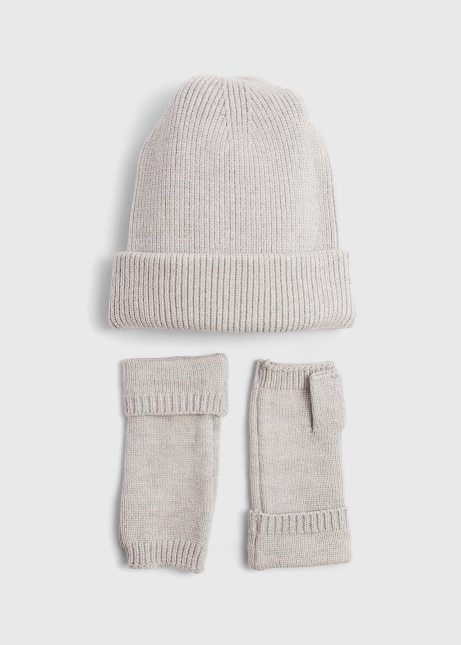 Grey Ribbed Beanie & Fingerless Gloves Set