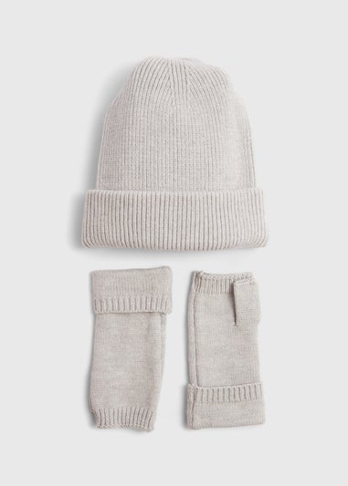 Grey Ribbed Beanie & Fingerless Gloves Set
