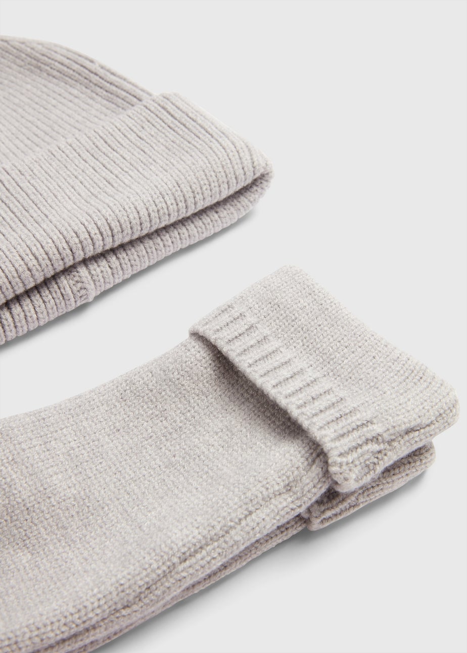 Grey Ribbed Beanie & Fingerless Gloves Set