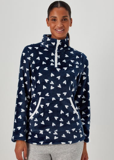 Navy Heart Print Overhead Fleece