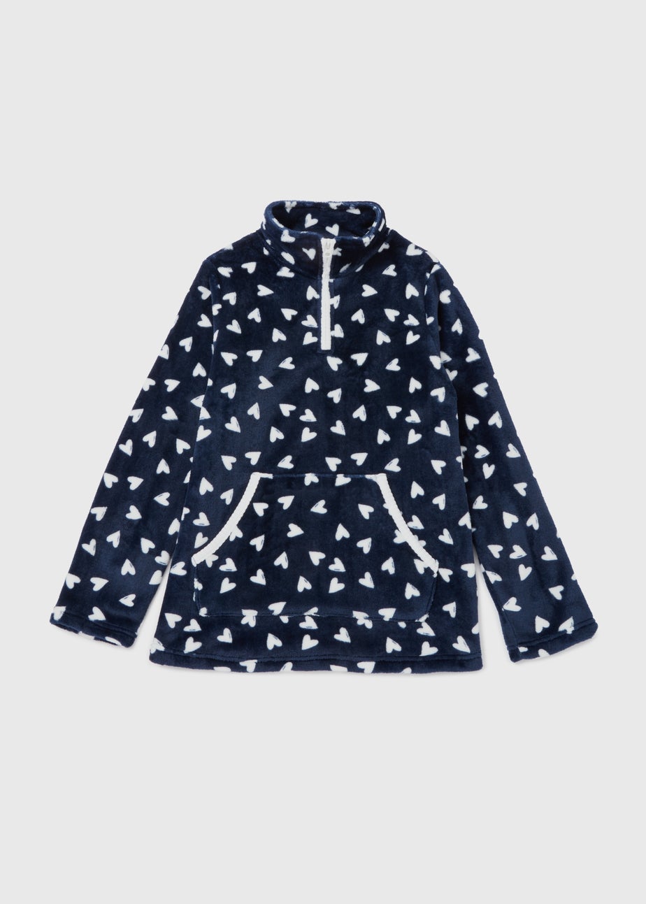 Navy Heart Print Overhead Fleece