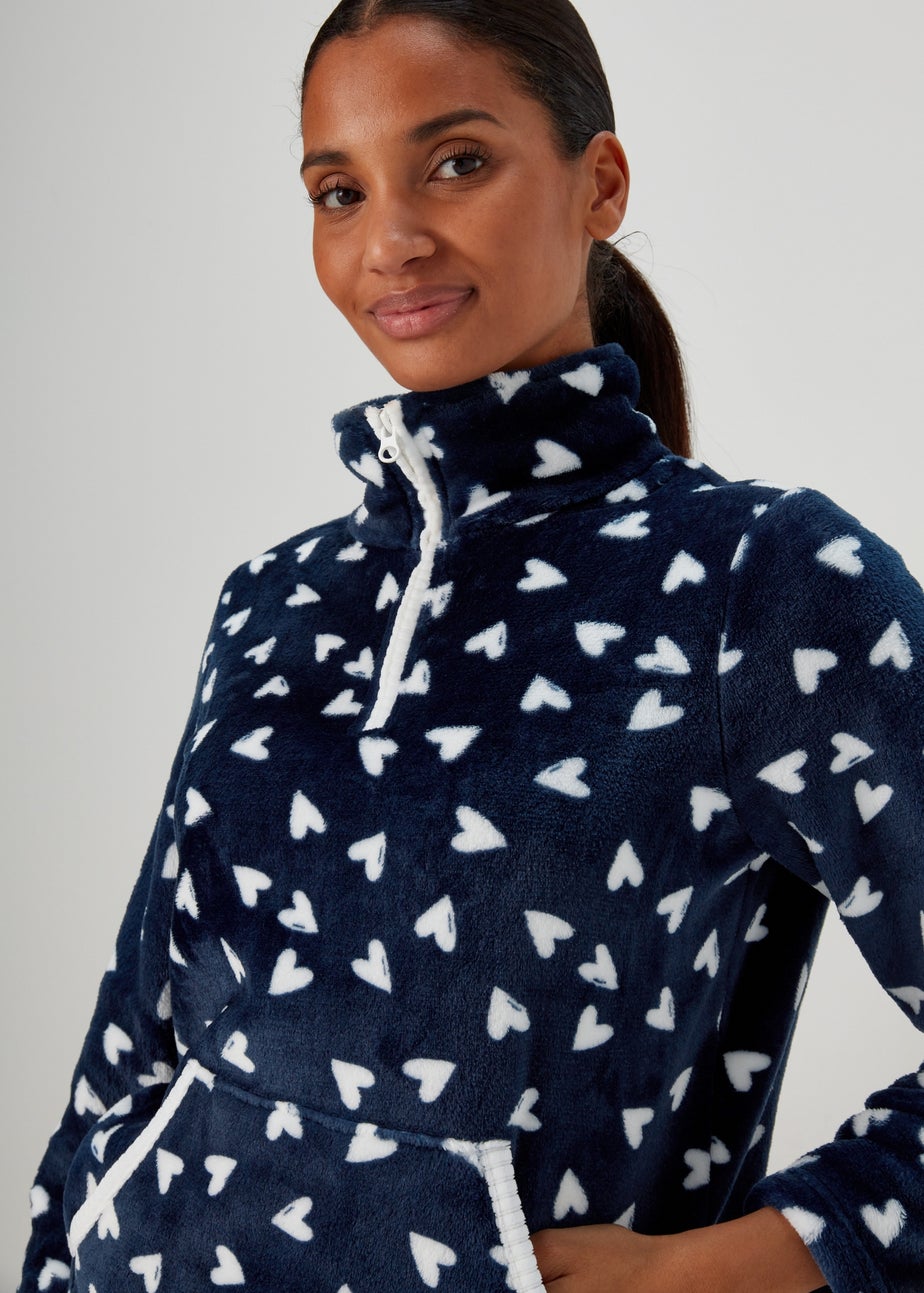 Navy Heart Print Overhead Fleece