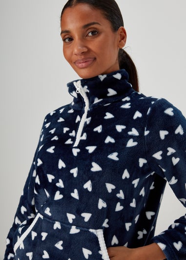 Navy Heart Print Overhead Fleece