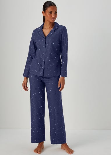 Navy Spot Print Button Up Pyjama Set