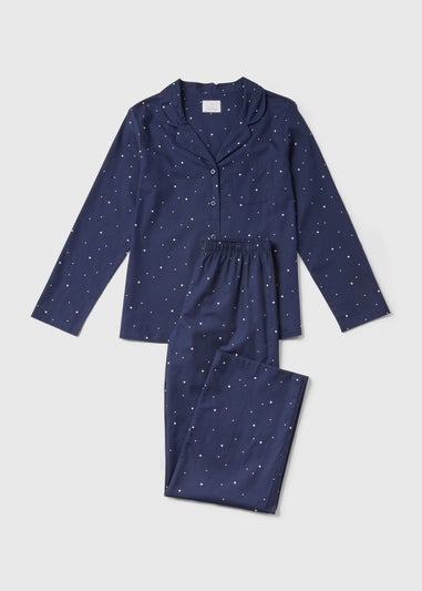 Navy Spot Print Button Up Pyjama Set