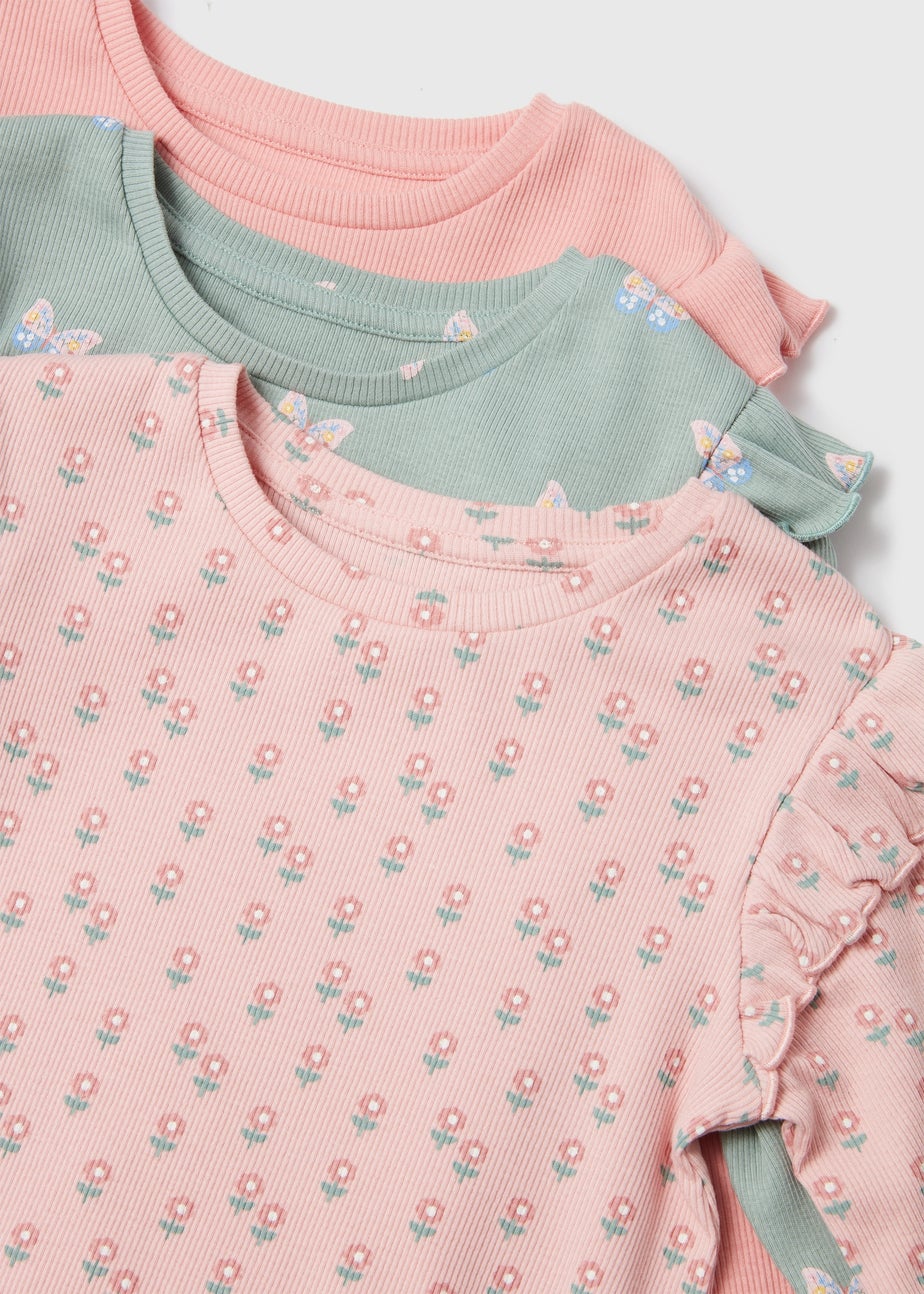 Girls Pink 3 Pack Ribbed Tops (1-7yrs)