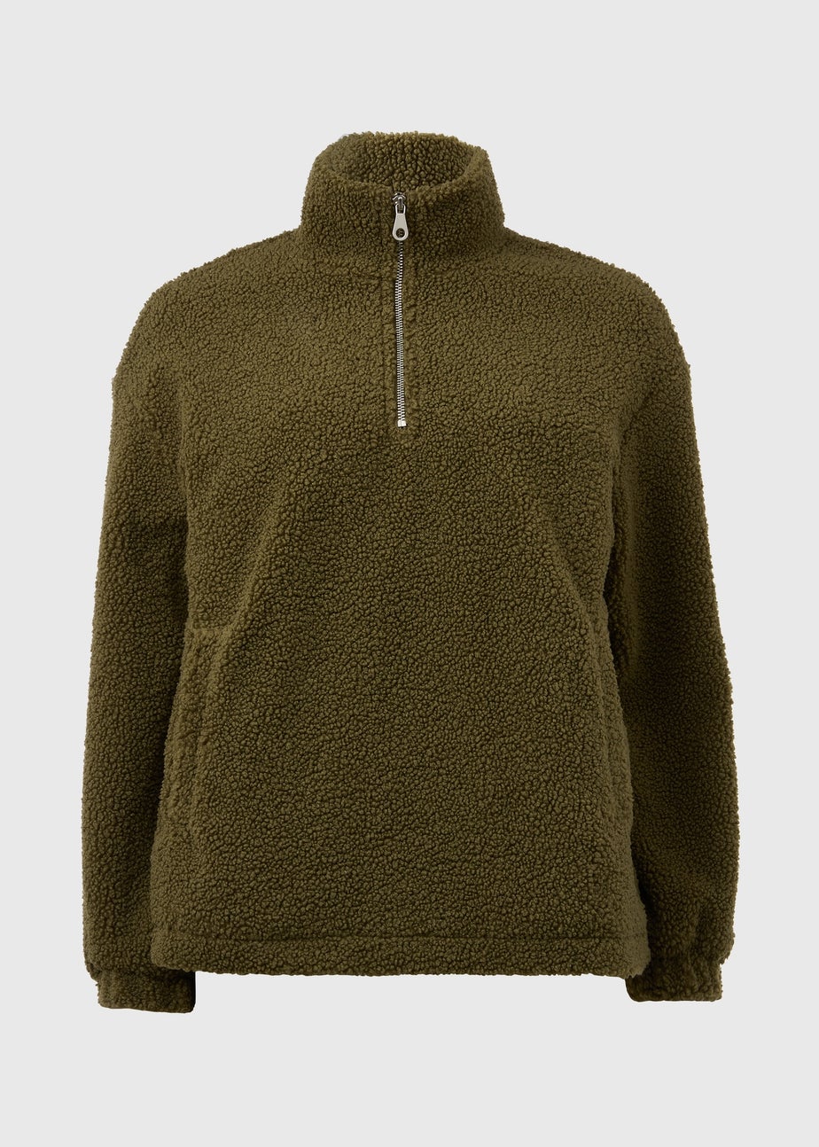 Khaki Half Zip Borg Pullover