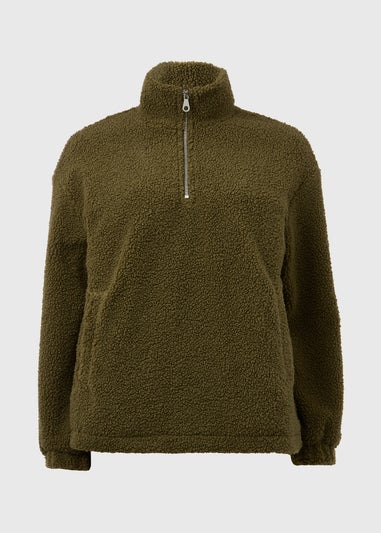 Khaki Half Zip Borg Pullover