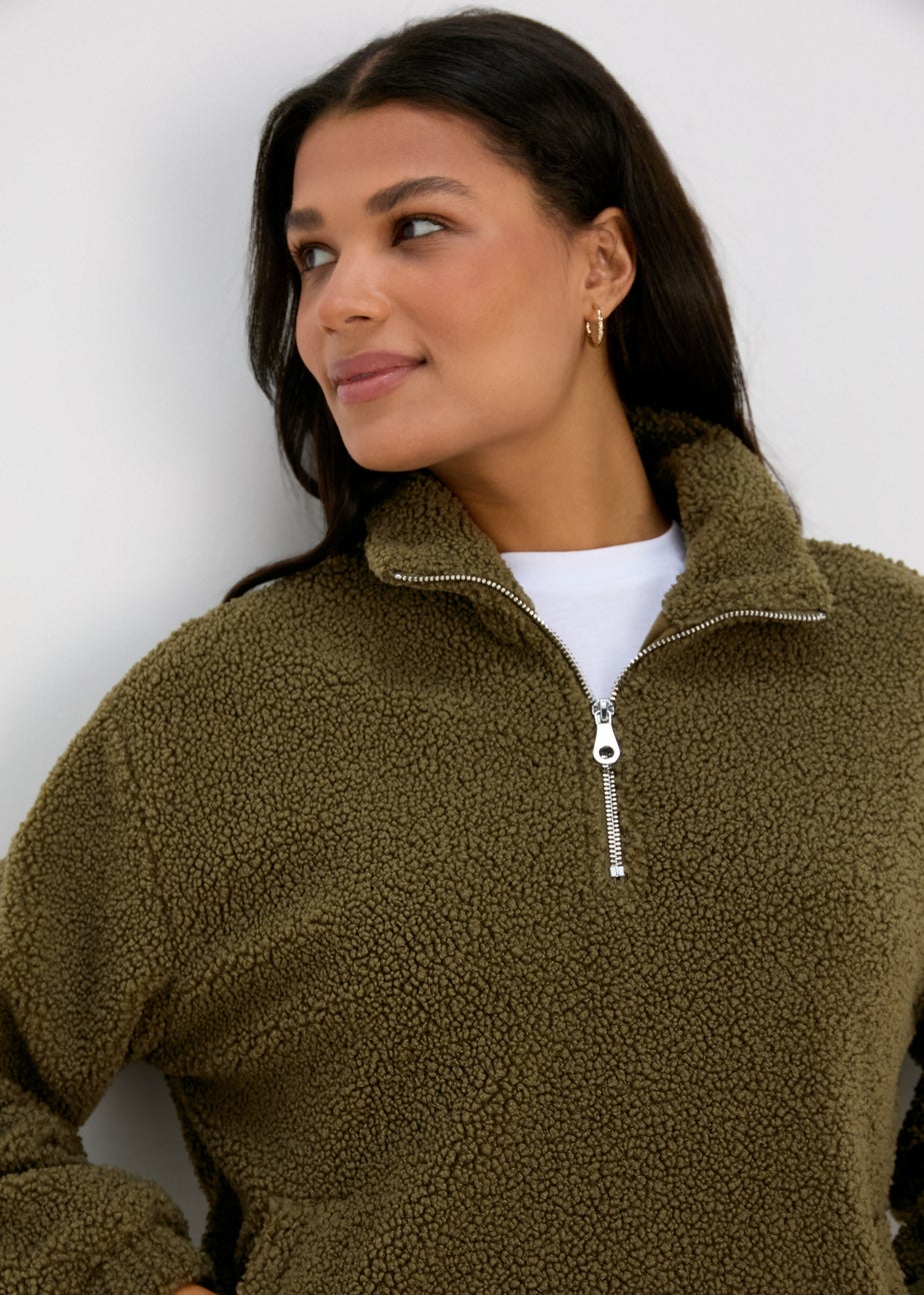 Khaki Half Zip Borg Pullover