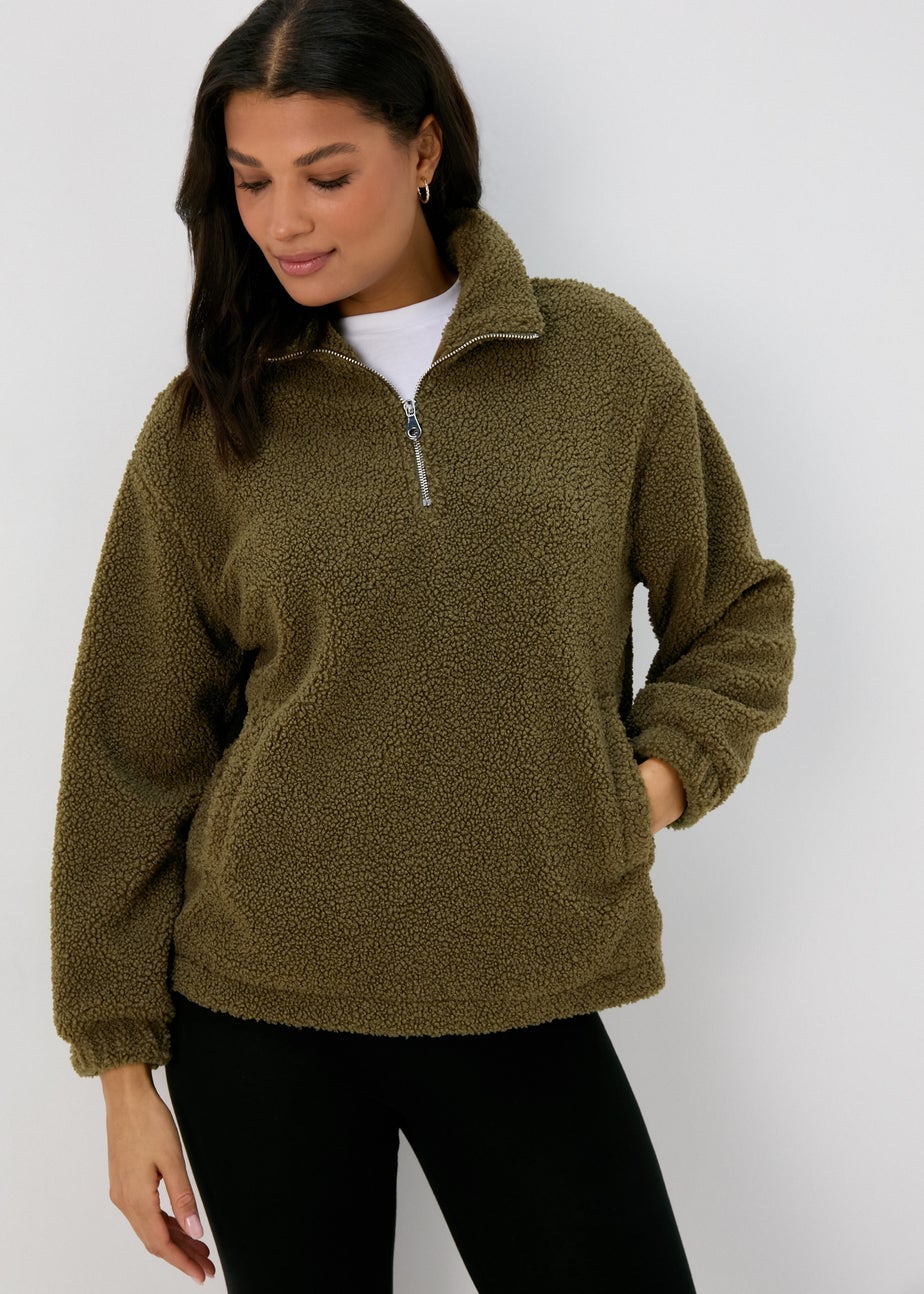 Khaki Half Zip Borg Pullover