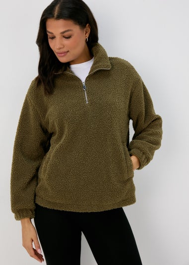 Khaki Half Zip Borg Pullover