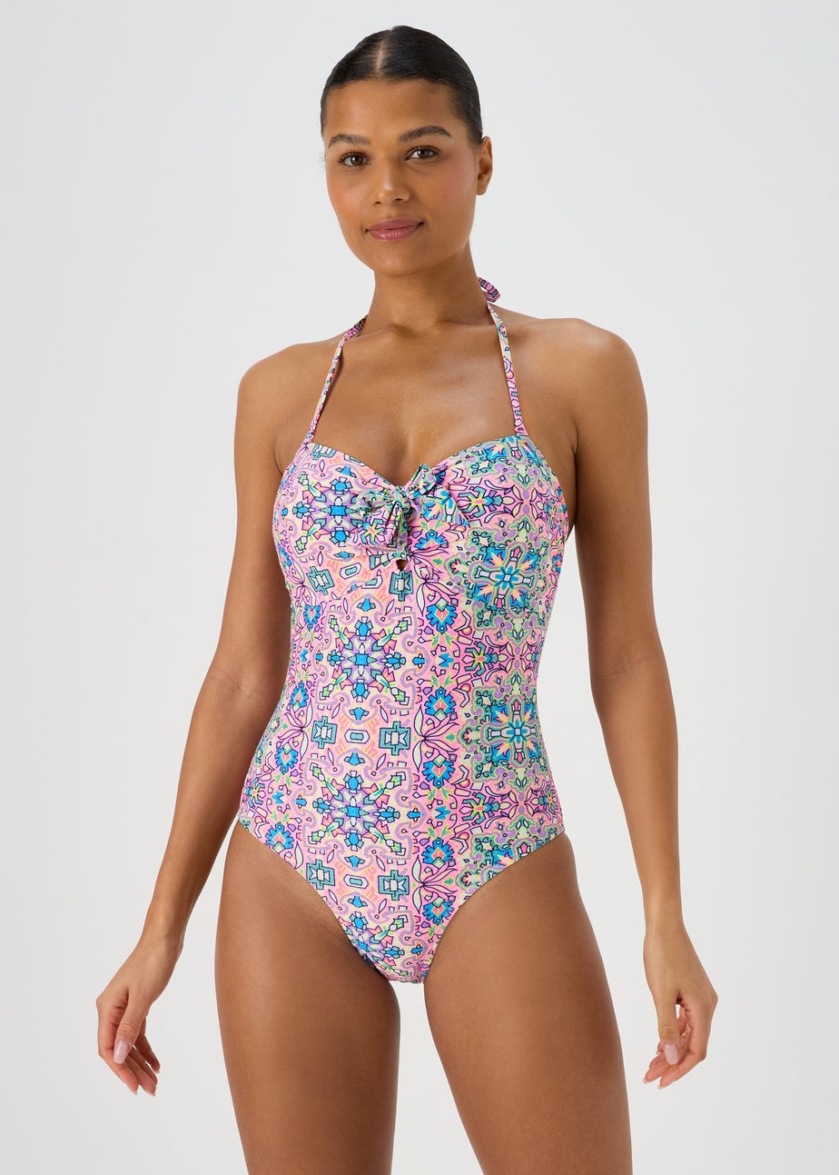 Pink Tie Front Mosaic Swimsuit