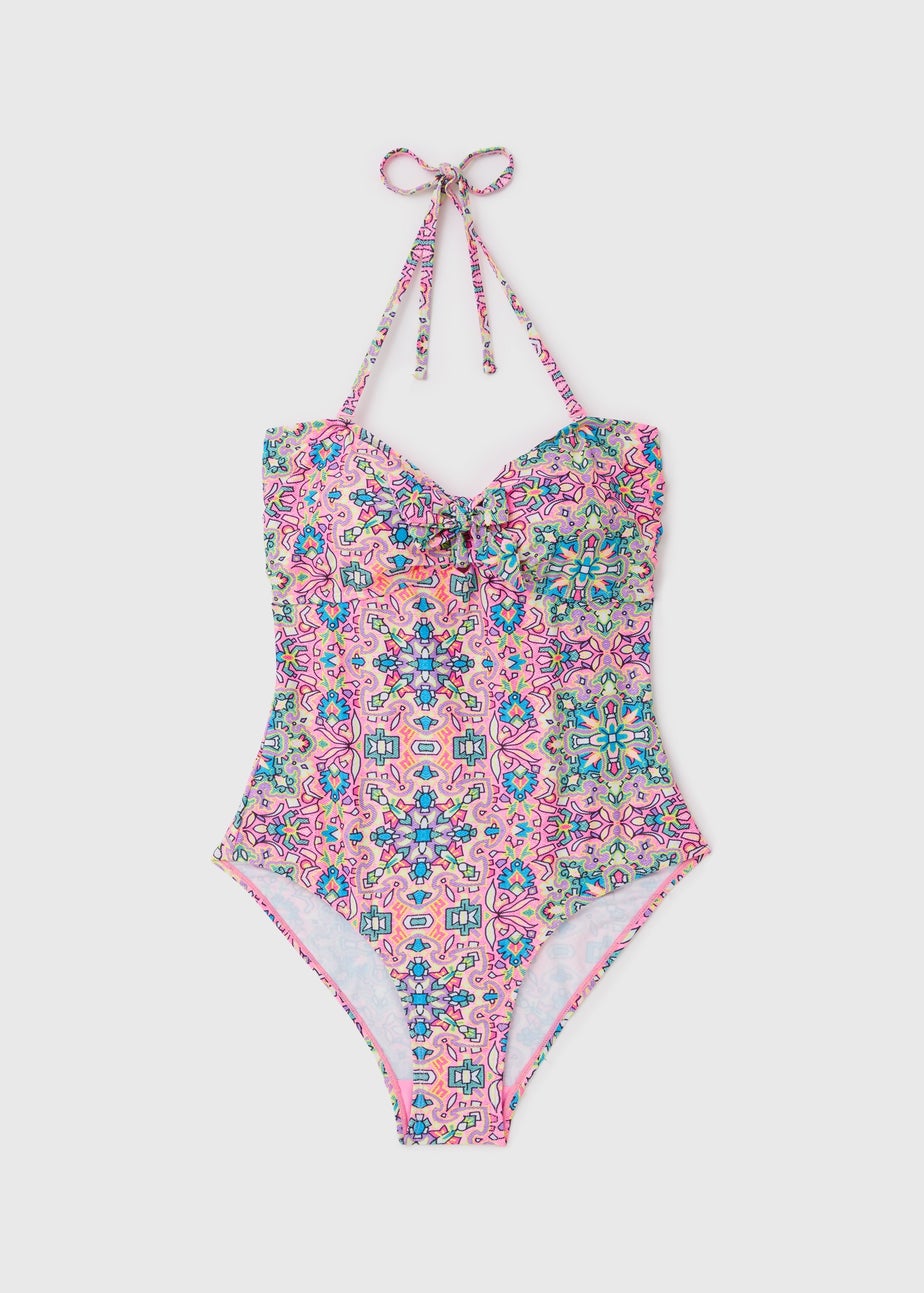 Pink Tie Front Mosaic Swimsuit