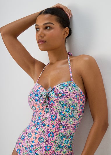 Pink Tie Front Mosaic Swimsuit