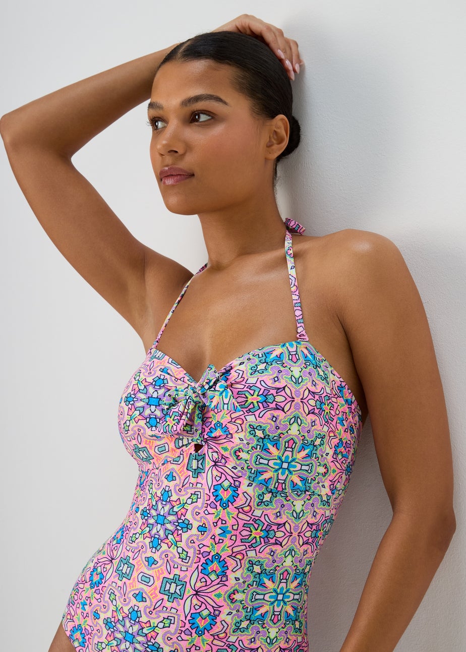 Pink Tie Front Mosaic Swimsuit