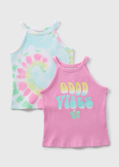 Girls 2 Pack Multicolour Good Vibes Vests (7-13yrs)