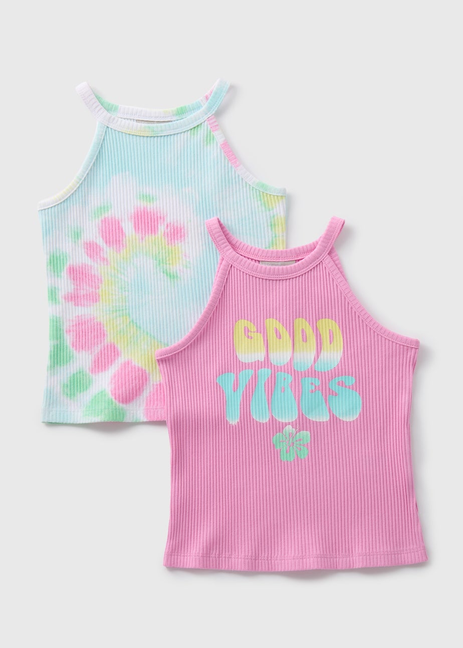 Girls 2 Pack Multicolour Good Vibes Vests (7-13yrs)
