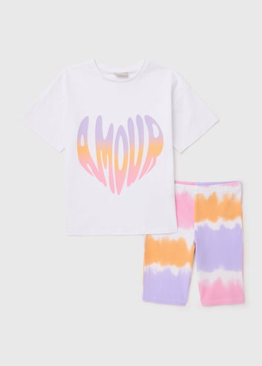 Girls White Oversized Print T-Shirt & Cycling Shorts Sett (7-13yrs)