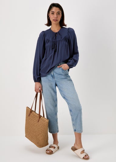 Navy Blue Boho Blouse With Tassels