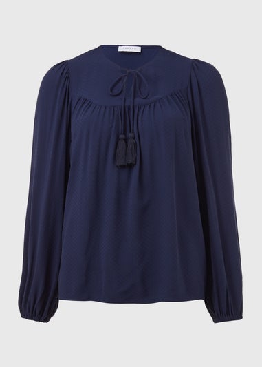 Navy Blue Boho Blouse With Tassels