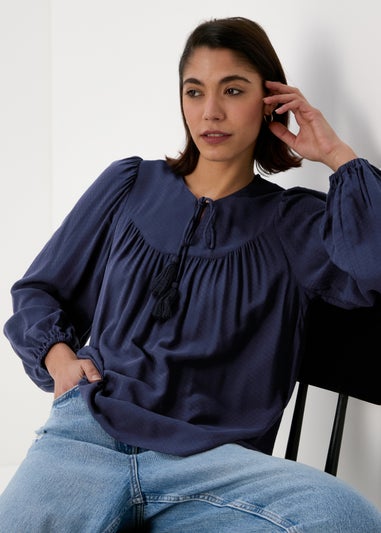 Navy Blue Boho Blouse With Tassels